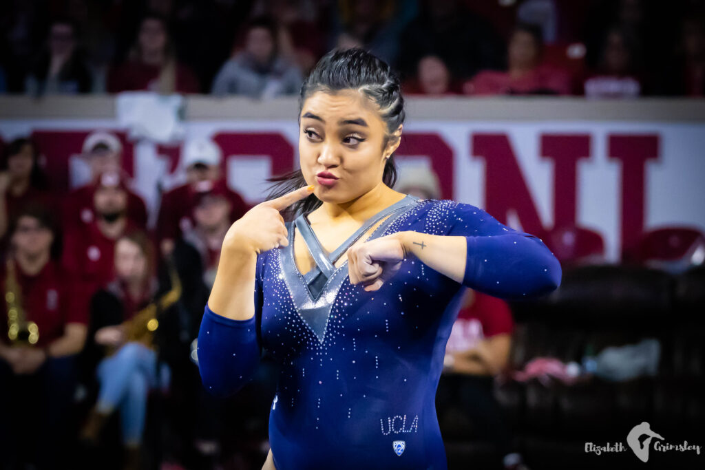 Felicia Hano poses in her floor routine at Oklahoma in 2019