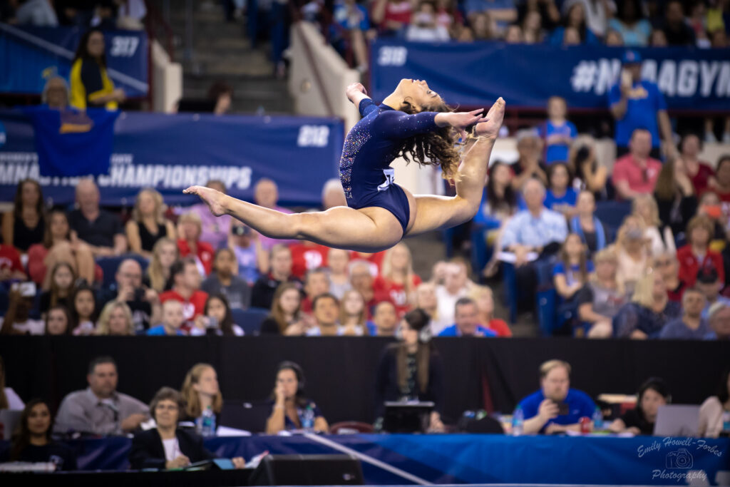 Katelyn Ohashi executes a ring leap in her floor routine at 2019 NCAA Nationals