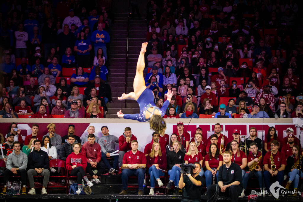 Katelyn Ohashi soars through the air with her split double lay at the 2019 UCLA/Oklahoma meet