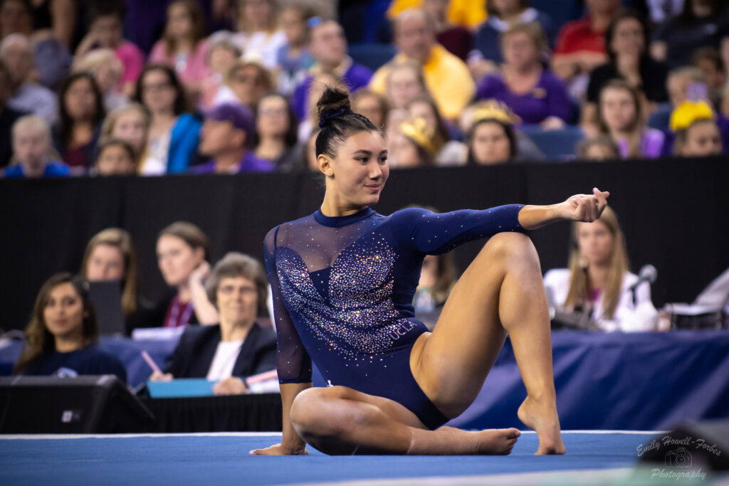 Kyla Ross poses during her floor routine at 2019 NCAA Nationals