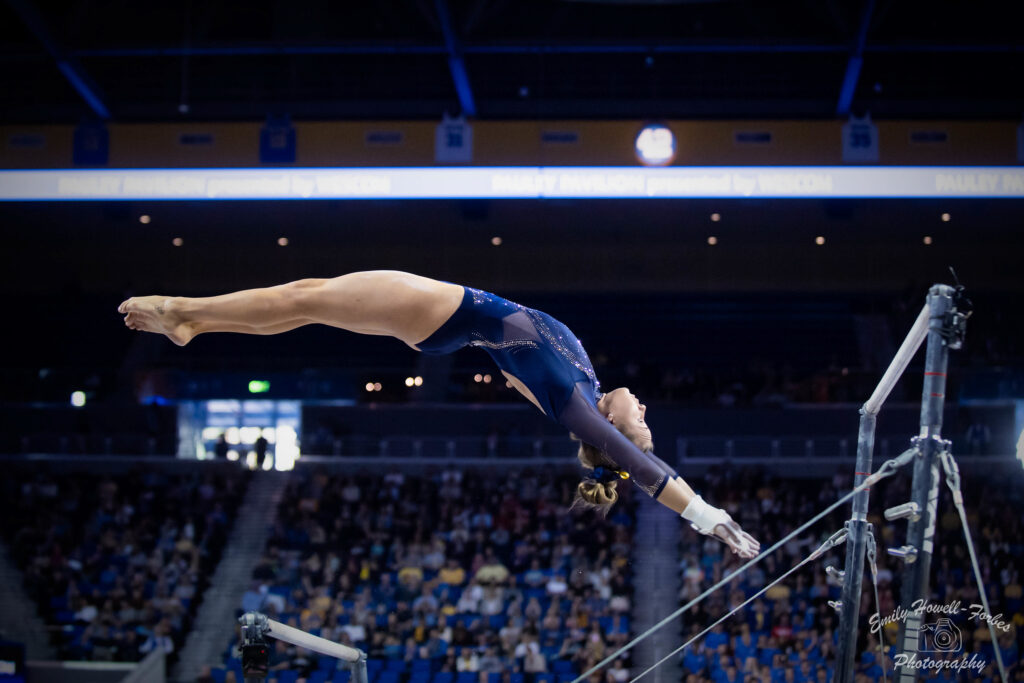 Madison Kocian floats up to the high bar during her routine at the 2020 UCLA/Utah meet