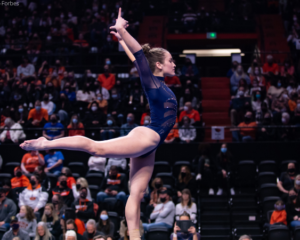 Norah Flatley competes on beam at Oregon State's Gill Coliseum in 2022.