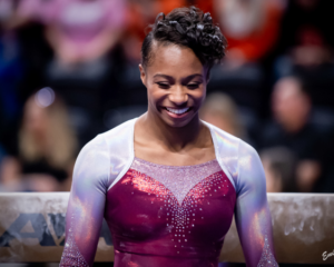 Kyla Bryant competes on beam for Stanford in 2022.