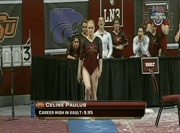 Iowa State's Celine Paulus sticks her vault to win the 2012 Big 12 event title