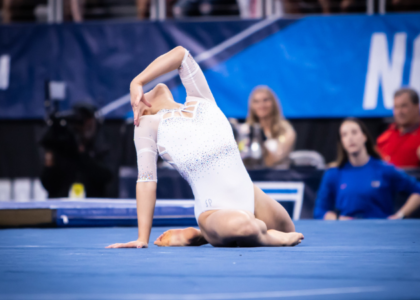 Florida's Leanne Wong does a pose on floor during her floor routine