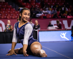 Bella Salcedo competes on floor at the 2022 Norman regional.