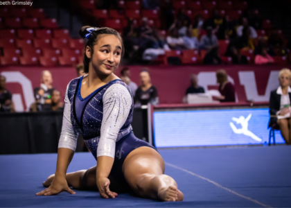 Bella Salcedo competes on floor at the 2022 Norman regional.