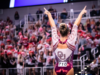 Ragam Smith points to the Oklahoma fans in the stands after her floor routine