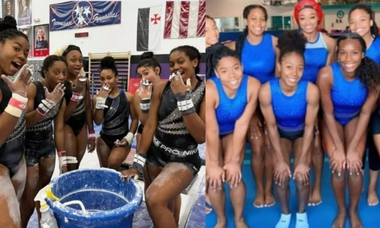 two pictures next to each other of Fisk gymnasts posing for a picture wearing old Florida competition leos with the sleeves cut off