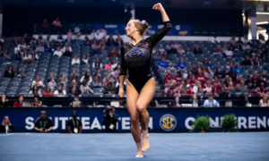 Haley De Jong does choreography during her floor routine