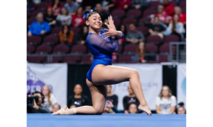 Liberty Mora does choreography during her floor routine