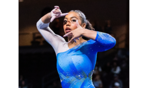 Margzetta Frazier does face choreography during her floor routine