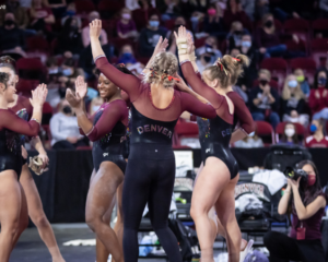 Denver gymnasts celebrate and cheer