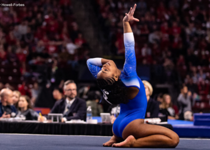 Selena Harris competes on floor for UCLA.