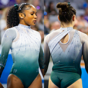 On the left, the front of the leotard features a high, white neckline embellished with silver rhinestones. The white portion of the leotard transitions into a gradient of white and then green down the torso and sleeves. Silver and iridescent rhinestones are scattered across the white and green areas, with a denser concentration on the chest in upside down V-shapes. A small "SP" logo is visible in rhinestones on the left hip. On the right, the back of the leotard has a unique design with a white upper back that dips into a V-shape, bordered by silver rhinestones. Green fabric forms the lower back. The sheer white mesh of the upper back connects to the high neckline and features a cutout detail. Silver and iridescent rhinestones are scattered across the white and green portions of the back and sleeves.