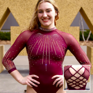 A deep maroon leotard with gold and white rhinestone designs cascading from the high neckline down the front. The neckline is covered in rhinestones for a collar-like effect, and the sleeves are sheer maroon mesh with scattered rhinestones. The inset shows the back, featuring a dramatic open design with thick criss-crossing maroon straps over the lower back and a diamond-shaped cutout at the top, framed by rhinestones.