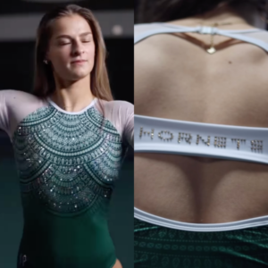 Side-by-side images of Sacramento State gymnastics' new leotard. The left image shows the front of the leotard, which is forest green with a lighter green and white mandala-inspired pattern and sheer white sleeves. Rhinestones accent the design across the chest. The right image shows the back, featuring a white open-back strap detail with the word "HORNETS" spelled out in rhinestones.