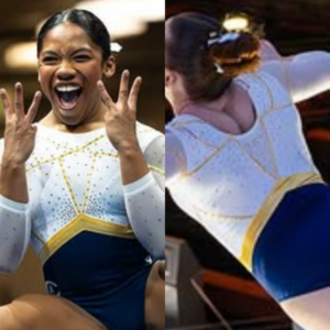 A side-by-side view of UC Davis gymnastics' new leotard. The design features a white mesh upper portion with gold rhinestone detailing forming geometric patterns across the chest, shoulders, and back. The lower half is deep navy blue with a bold gold V-shaped accent at the waist. The back showcases an open U-shaped cutout framed by gold rhinestone accents.