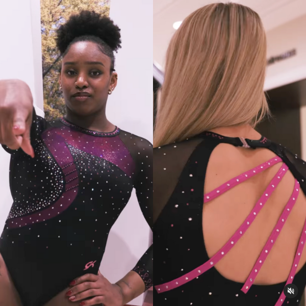 A split image showcasing Alabama gymnastics' pink leotard. The left side features a gymnast facing forward, pointing at the camera, wearing a black leotard with magenta and pink accents, mesh sleeves, and scattered rhinestones. The right side shows the back design, highlighting an open back with four diagonal magenta straps adorned with rhinestones.