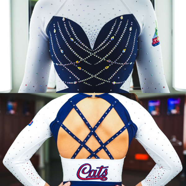 The top image shows the front of the Arizona gymnastics leotard. It has a navy bodice with intricate crystal embellishments forming a geometric pattern on the chest, complemented by long white sleeves covered in more crystals. The back of the leotard features a strappy crisscross design in navy with "Cats" written in bold red and blue on the lower back.