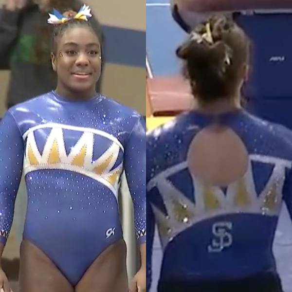San Jose State leotard that is mostly blue but with yellow triangles along the top, mimicking a spartan helmet. There is also an SJ logo on the back and a zig-zah triangle pattern on the sleeve cuffs.