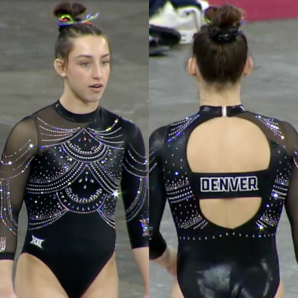 This black leotard is adorned with shimmering rhinestones forming elegant circular patterns across the bodice, accentuating the gymnast’s silhouette. The back features a circular cutout, with a "Denver" logo in bold text at the waist, framed by shimmering lines.