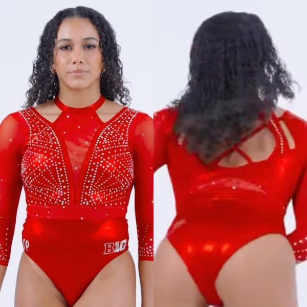 A red gymnastics leotard with long mesh sleeves and rhinestone embellishments. The front features a high neckline with two cutouts on the shoulders and a sheer panel with a sparkling rhinestone pattern. The back has a crisscross strap design with a sheer panel. The leotard has "B1G" lettering on the hip, representing the Big Ten Conference.