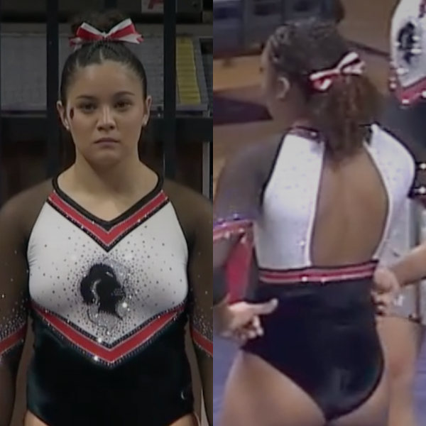 A split image of a gymnast in a black, white, and red leotard. The front features a bold V-shaped design with rhinestones and a silhouette of a knight’s head and the state of New Jersey. The back, visible in the right half of the image, has an open-back design with a white panel and black sleeves. The gymnast wears a red and white bow in her hair.