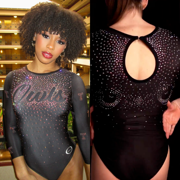 A black leotard with long mesh sleeves and a high neckline. The front has "Owls" spelled out in rhinestones across the chest, with red and white crystals scattered throughout. The back features a keyhole cutout with a symmetrical rhinestone pattern that mimics an owl’s eyes. The sleeves have small Temple T logos.