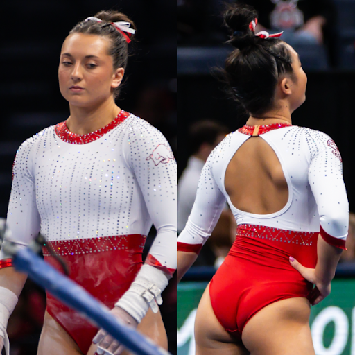 Arkansas in a leotard with reb bottom and white top, red embellishments on the sleeves and neckline and a large keyhole style open back
