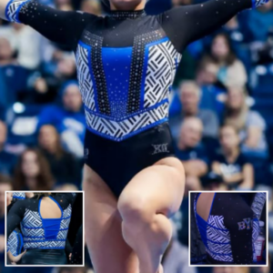 BYU in a black, white and blue color blocked leotard with small opening at back