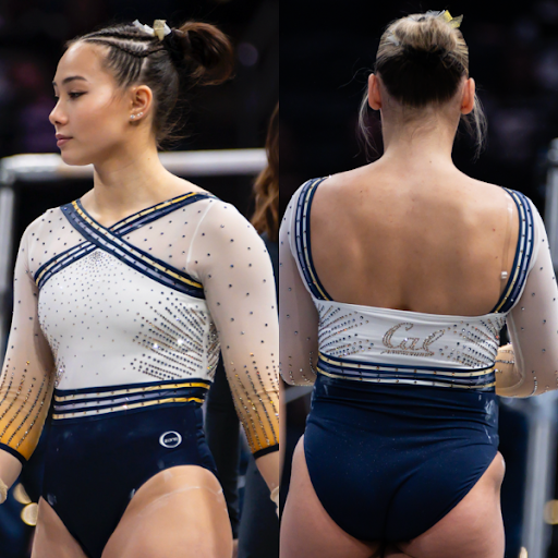 California in a color blocked leotard with navy blue, yellow and white. Cross cross front and a square open back