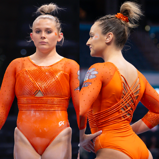 Clemson in an orange leotard with a sternum cutout and strappy back