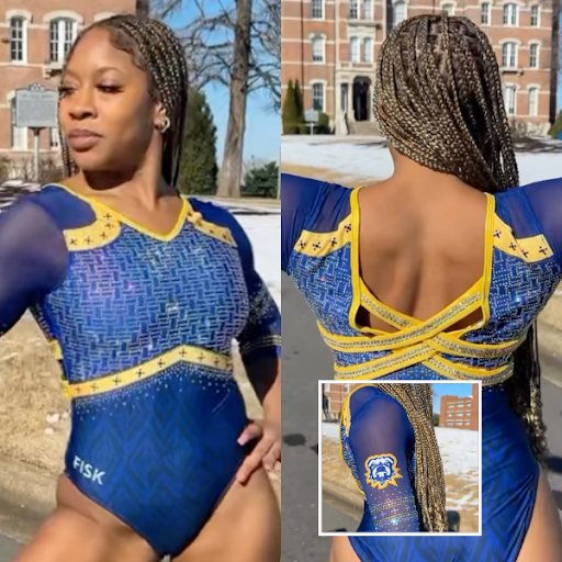 Fisk in a blue and yellow leotard wth thick back straps and lapel like designs on the shoulders