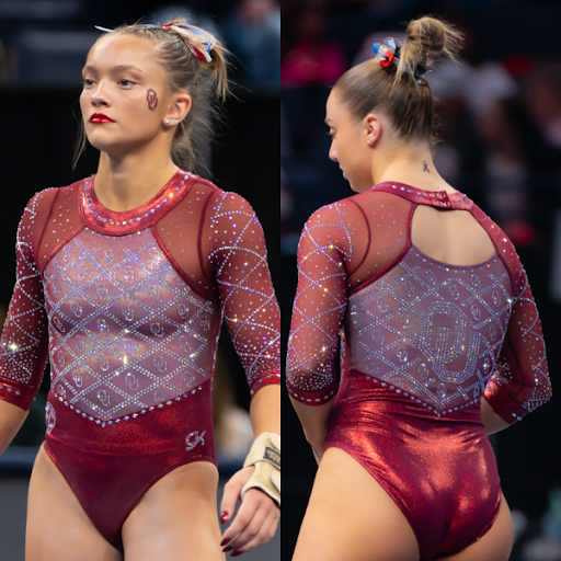 Oklahoma in a rhinestone leotard with red base and off white bodice with OU lettering