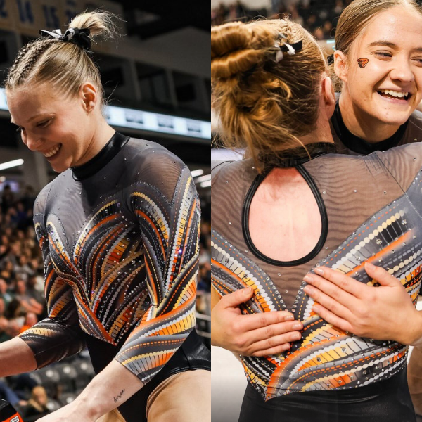 Oregon State wore an orange, black, and grey leotard with a sweetheart neckline and a keyhole opening at the back.