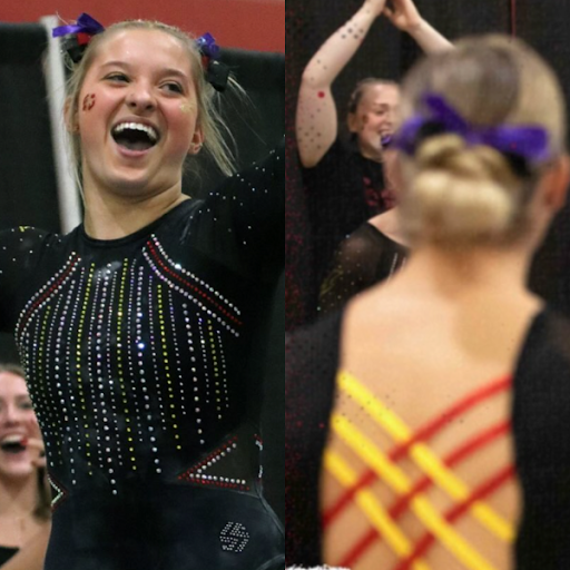 Simpson in a black leotard with sparkly vertical stripes and an open back with orange and yellow straps