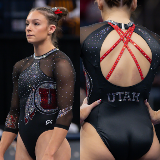 Utah in a black letoard with feather design, open back with red straps