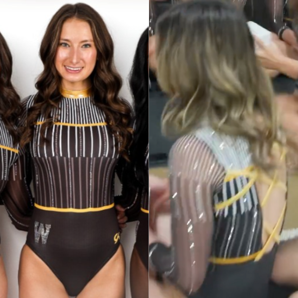 Western Michigan has a mainly black vertical stripe leotard with white and yellow straps and an open back.