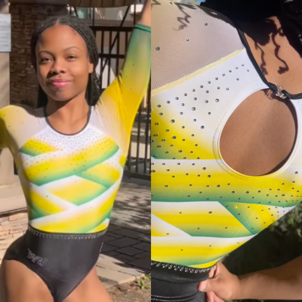 Yellow and green leotard with a black bottom, featuring a keyhole opening at the back and a woven design.