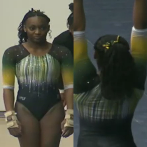 Wilberforce in a dark green, white and yellow leotard with stripes and ombre sleeves