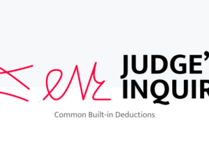 A graphic featuring the title "Judge's Inquiry" in bold black text on the right side, with the phrase "Common Built-in Deductions" in smaller grey text below. On the left, a stylized red script resembling the word "Zen" adds an artistic flair. The background is clean and minimal, with a small logo in the bottom-right corner representing a gymnast in motion.