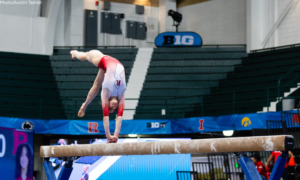 Rutgers' Matis Rains competes on the balance beam at the 2024 Big Ten Women's Gymnastics Championship
