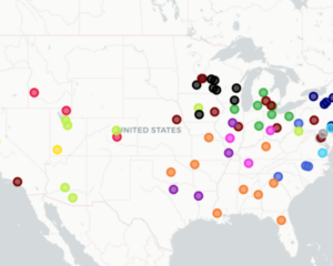 A map of the US showing the location of colleges with gymnastics programs in different colors.