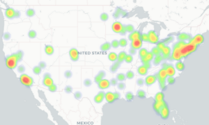 A heat map of the US showing NCAA gymnasts' hometowns