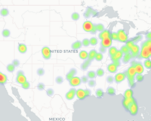 A heat map of the US showing NCAA gymnasts' hometowns