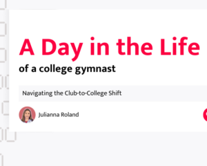 Promotional graphic titled "A Day in the Life of a college gymnast" featuring Julianna Roland, with a faint hourly schedule in the background.