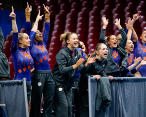 The Clemson team claps and cheers from the slide lines