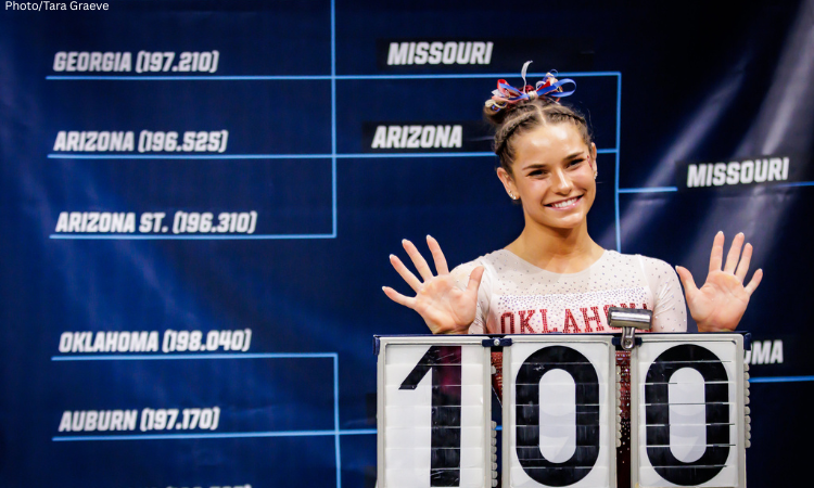 Jordan Bowers of Oklahoma poses with her 10.0 score in front of the nationals 2025 bracket.