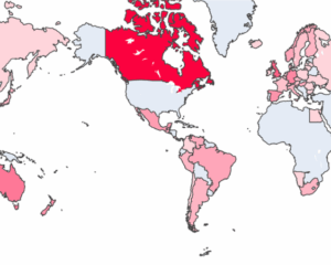 A world map with areas where international NCAA gymnasts are from in pink